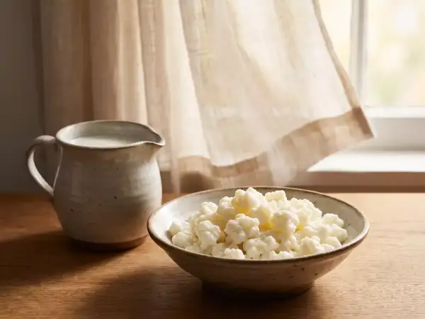 Granos de kéfir en un cuenco y jarra de leche junto a la ventana. ¿Cuánto kéfir se puede tomar al día?