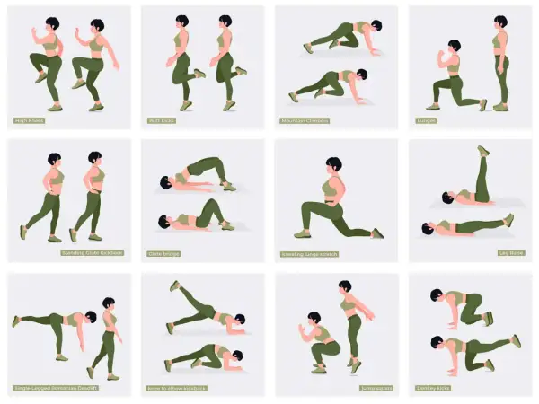 Rutina de ejercicios tren inferior: high knees, butt kicks, mountain climbers, lunges, glute bridge, donkey kicks y más.