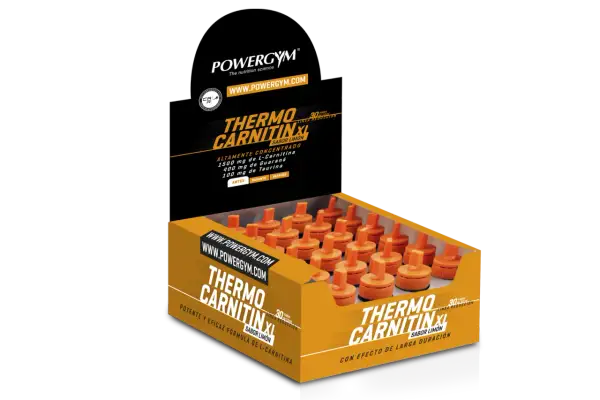 Caja de termogénicos Powergym Thermo Carnitin XL sabor limón, con 30 viales concentrados para la reducción.