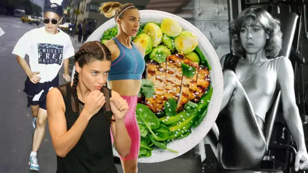 Mujeres activas y un plato de comida saludable. Un recordatorio de cuándo comer fruta y mantener un estilo de vida activo.