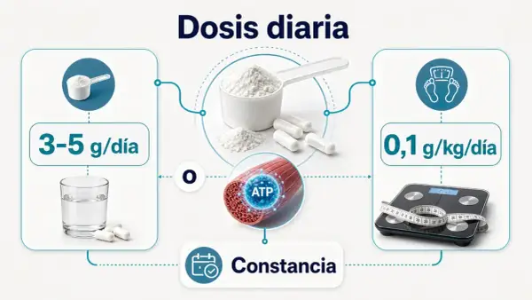 Infografía sobre cómo se toma la creatina: dosis diaria de 3-5 g o 0,1 g/kg, con agua y constancia para ATP muscular.