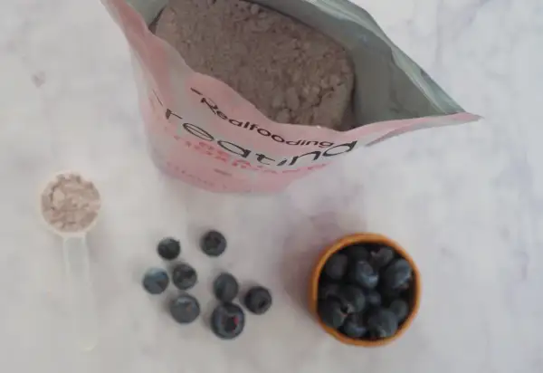 Bolsa de creatina, cucharada de polvo y arándanos. Consulta sobre creatina y embarazo.