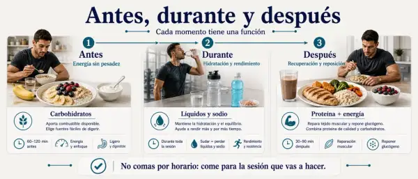 Hombre comiendo avena con frutas. La imagen explica qué comer antes de salir a correr: carbohidratos para energía sin pesadez.