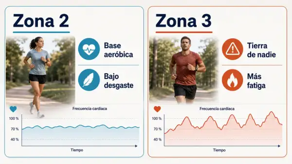 Mujer corriendo en zona 2 running, base aeróbica y bajo desgaste. Gráfica de frecuencia cardíaca estable.