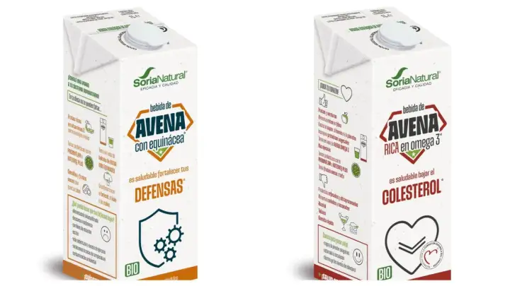 Dos cajas de bebida de avena SoriaNatural. Una destaca por fortalecer las defensas con equinácea, la otra por ser rica en omega 3 y ayudar a bajar el colesterol.